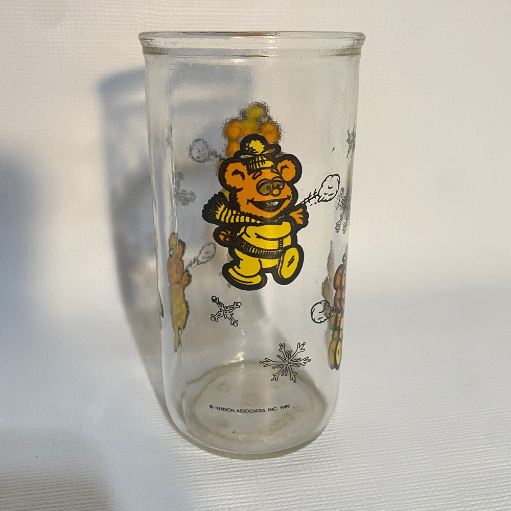 Vintage 1989 Muppet Babies Fozzie Bear Glass Tumbler Snowflakes Jim Henson